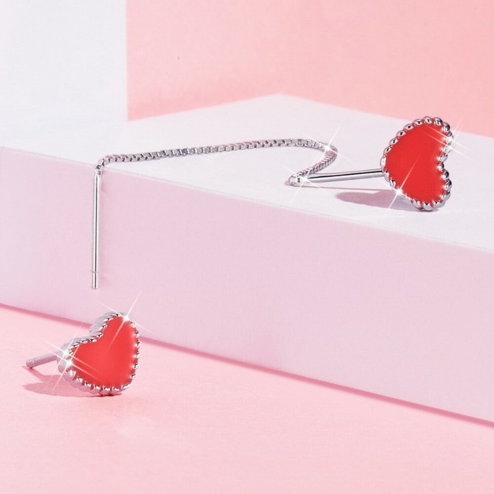 Cute Asymmetrical threader and stud enamel heart earrings 925 sterling silver